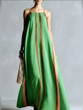 Light Green Maxi Sundress with Tan Vertical Stripes